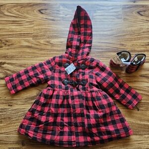 GIRLS size 2T--Red and Black Plaid Hooded Coat with Matching Shoes